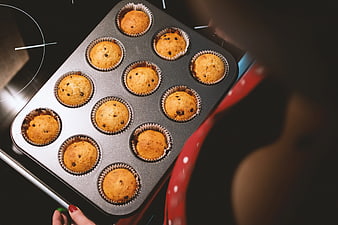 Freshly baked chocolate chip muffins in tray