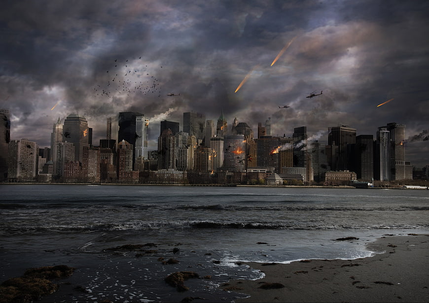Dramatic cityscape under attack with explosions and falling meteors