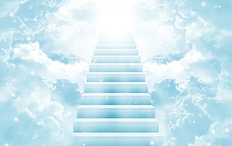Staircase leading to heaven in blue sky with clouds and light