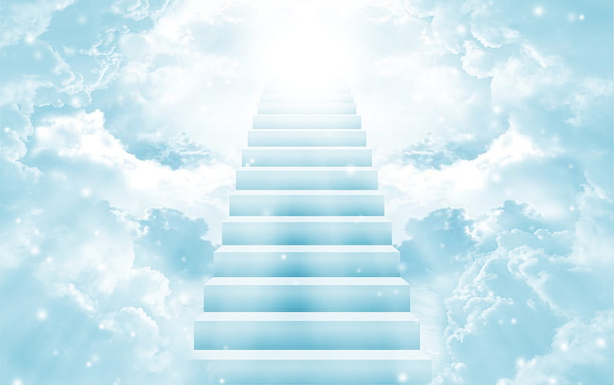 Staircase leading to heaven in blue sky with clouds and light