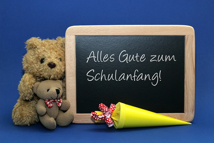 Back to School Greeting with Teddy Bears and Chalkboard