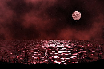 Dramatic Red Moon Over Dark Ocean Water