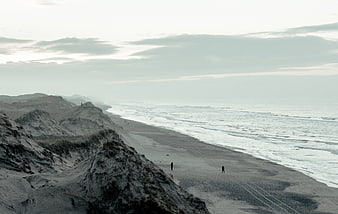 Misty coastal landscape with sand dunes and ocean waves