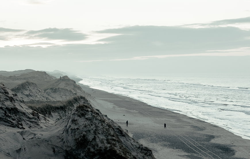 Misty coastal landscape with sand dunes and ocean waves