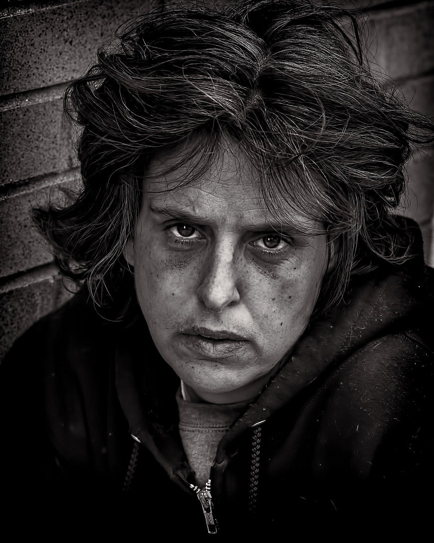 Intense Black and White Portrait of a Distressed Woman