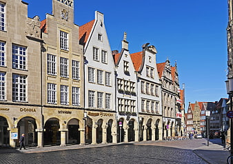 Historic Gabled Buildings on Cobblestone Street in Münster, Germany