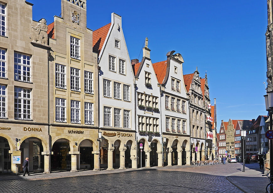 Historic Gabled Buildings on Cobblestone Street in Münster, Germany