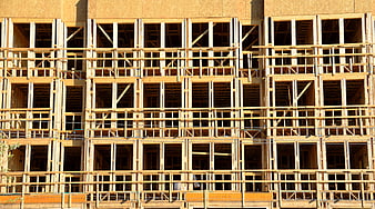 Wooden framing of a multi-story building under construction