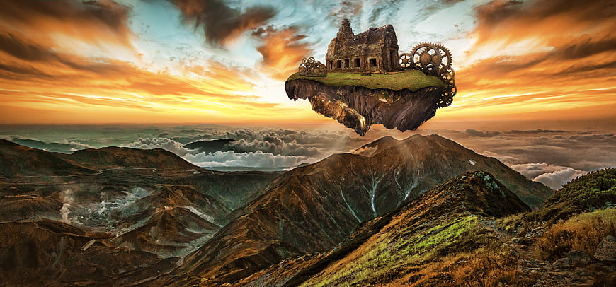 Fantasy floating island with ruins and gears over mountains