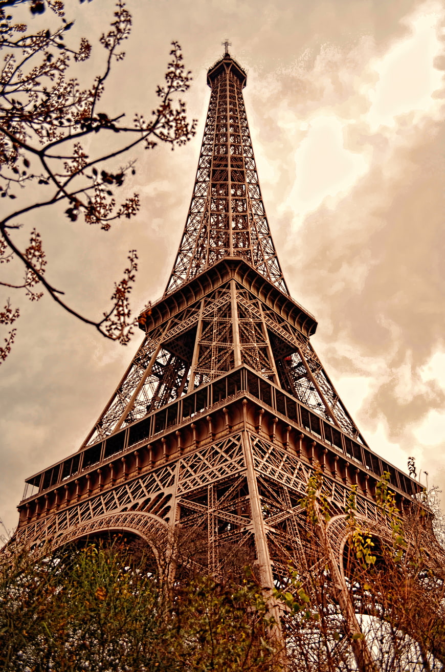 Low Angle View of Eiffel Tower with Sepia Tone