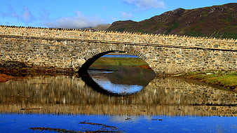 Stone arch bridge reflection in calm water Scotland