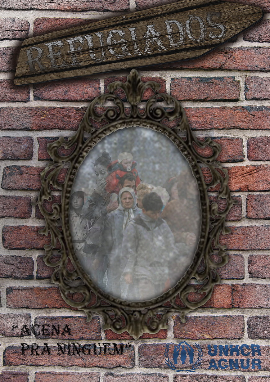 Refugee Awareness Campaign with Vintage Frame and Brick Wall