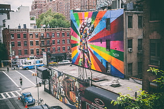 Vibrant Street Art Mural On Urban Building Facade In New York City