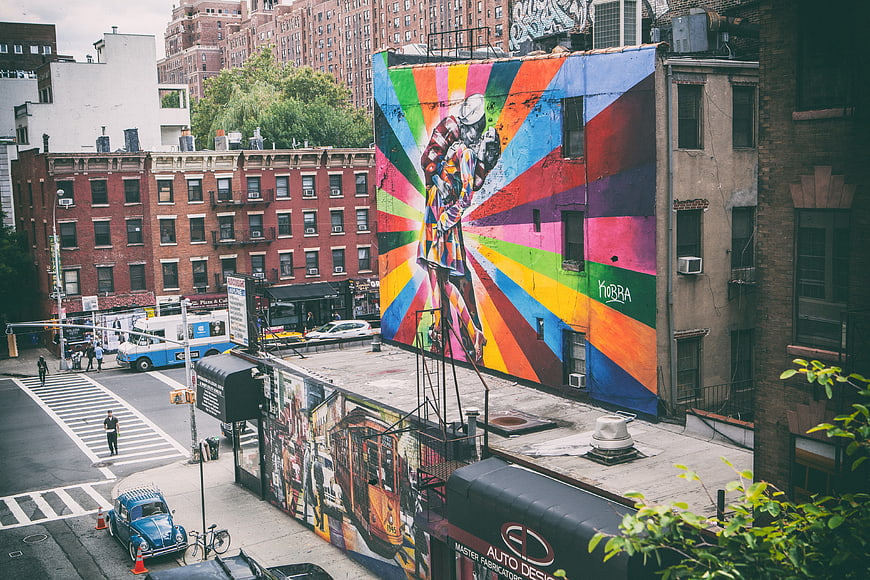 Vibrant Street Art Mural On Urban Building Facade In New York City