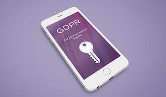 White smartphone displaying GDPR data protection key icon on purple background