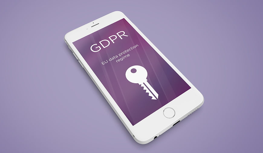 White smartphone displaying GDPR data protection key icon on purple background