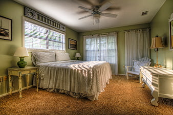Cozy Green Bedroom with Rustic Furniture and Sunlight