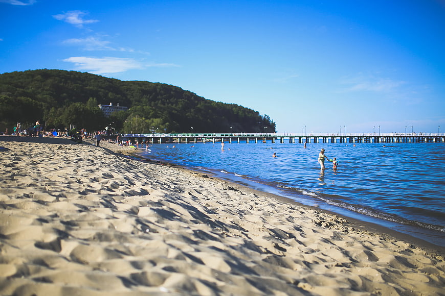 Sandy Beach Shoreline with Pier and Swimmers