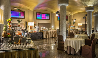Luxury Hotel Banquet Hall With Buffet And Seating