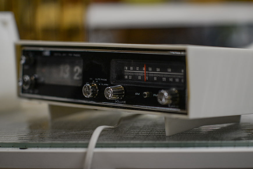 Vintage Retro Radio Close-Up on Glass Surface