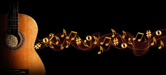 Acoustic Guitar With Glowing Musical Notes On Black Background