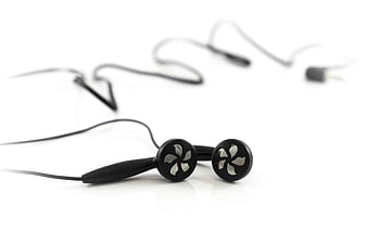 Black Wired Earphones on White Background