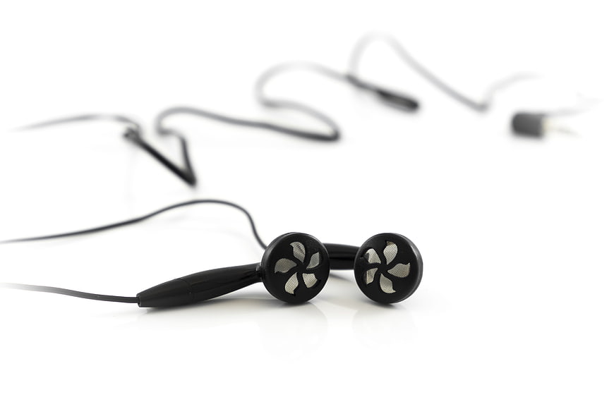 Black Wired Earphones on White Background
