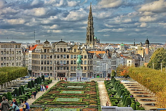 Brussels Cityscape with Mont des Arts Gardens and Cathedral