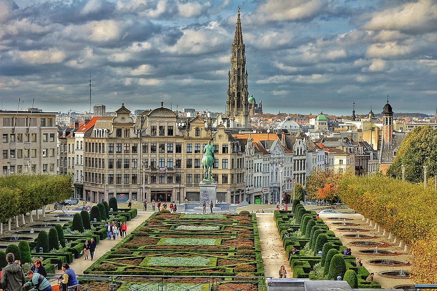 Brussels Cityscape with Mont des Arts Gardens and Cathedral