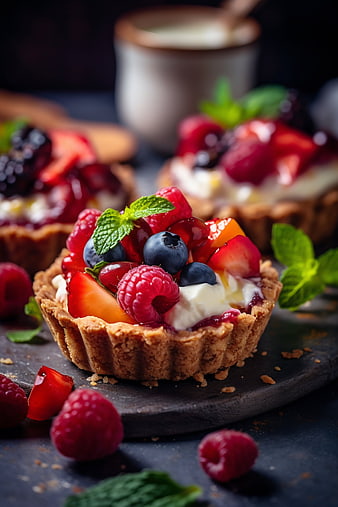 Fresh Berry Fruit Tart with Cream and Mint Garnish