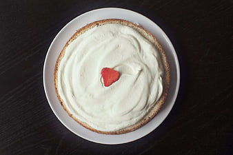 Top View Strawberry Cake on White Plate Dark Wood