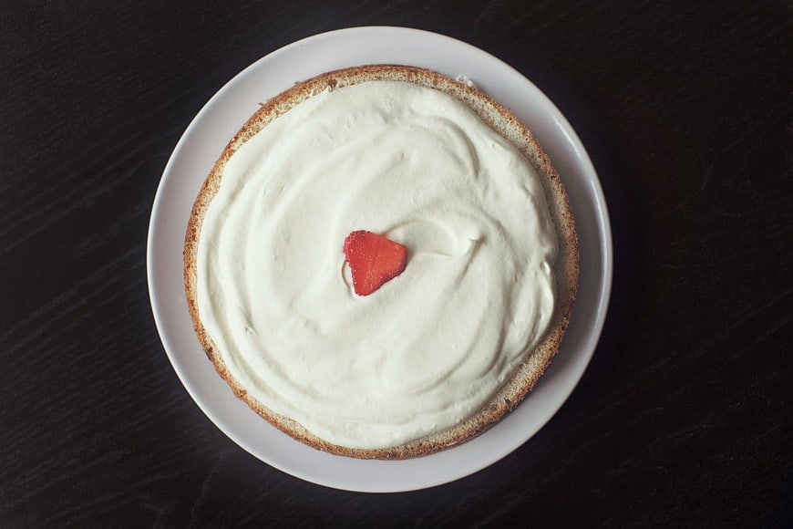 Top View Strawberry Cake on White Plate Dark Wood