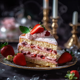 Decadent Strawberry Cream Cake Slice on Vintage Plate
