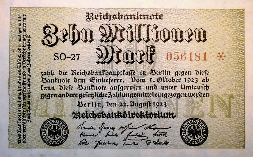 Historical 10 Million Mark Reichsbanknote from Weimar Germany 1923