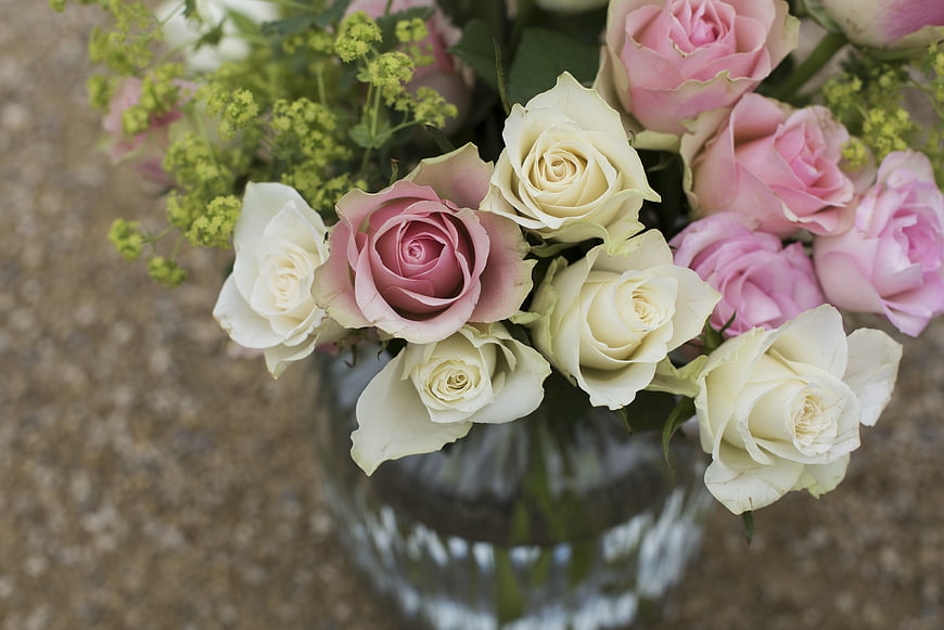 Pink and White Rose Bouquet in Glass Vase