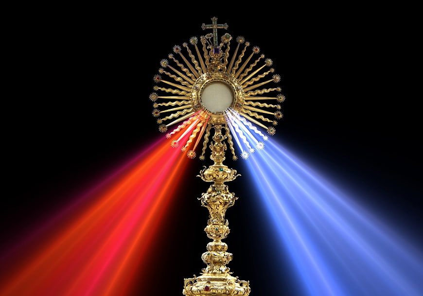 Golden Monstrance with Red and Blue Divine Light Rays