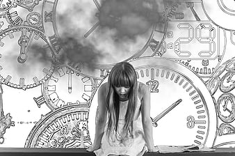 Sad young woman sitting with clocks and dark clouds background