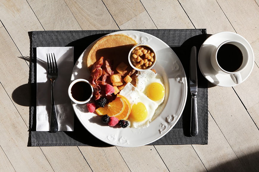 Overhead View of Classic Full English Breakfast with Coffee