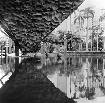 Black and white architectural reflection in Taipei park