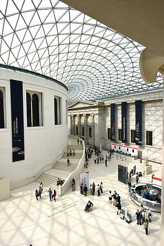 British Museum Great Court Interior with Glass Roof and Visitors