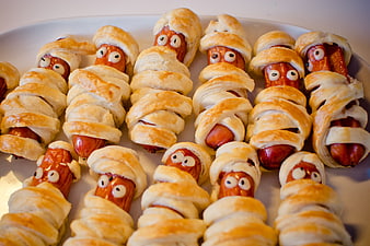 Halloween Mummy Hot Dogs with Puff Pastry and Candy Eyes