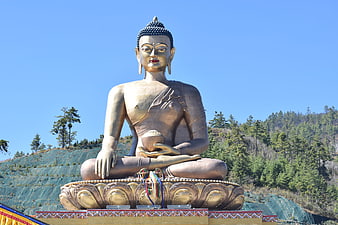 Large Golden Buddha Statue Seated on Lotus Pedestal in Bhutan