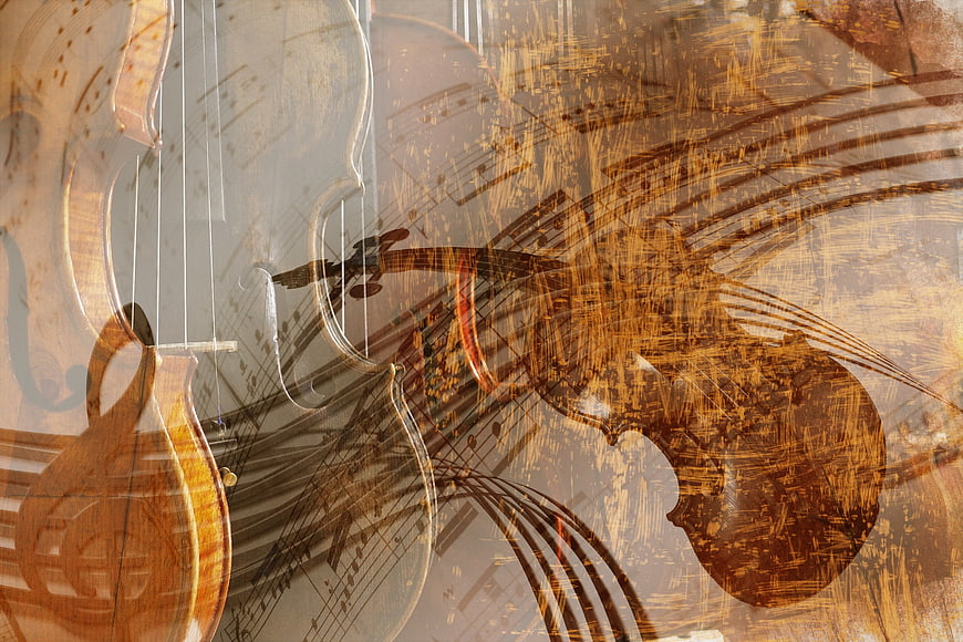 Abstract Double Exposure Violin And Musical Notes Background