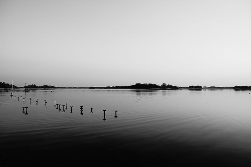 Minimalist Black and White Lake Landscape with Wooden Posts