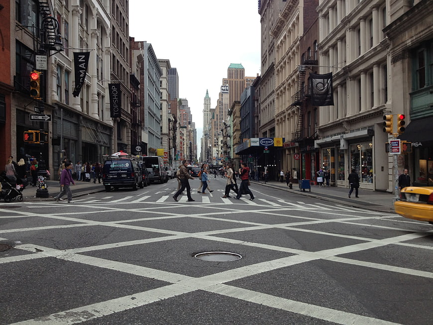 Busy New York City Street Intersection with Pedestrians