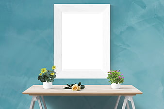 White Picture Frame Mockup on Wooden Table with Flowers