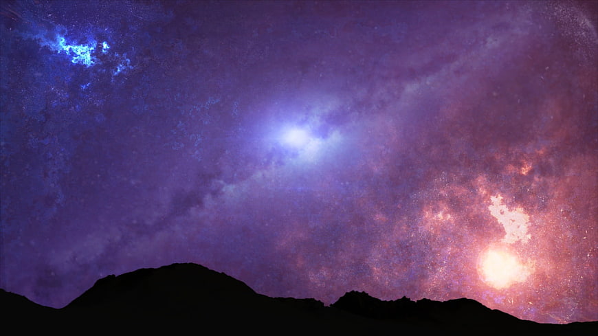 Vibrant Purple and Pink Galaxy Sky with Mountain Silhouette