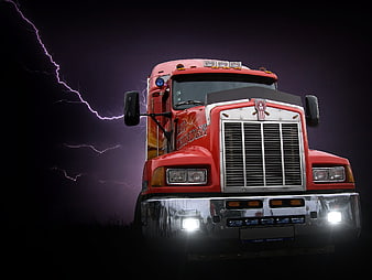 Red Semi Truck Front View With Dramatic Lightning Storm Background
