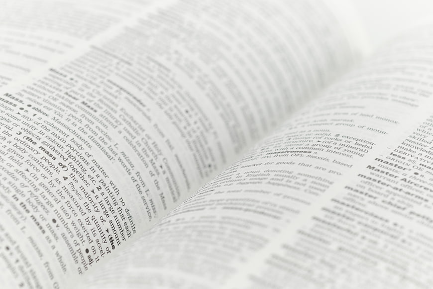 Close-up of open dictionary pages with blurred text background