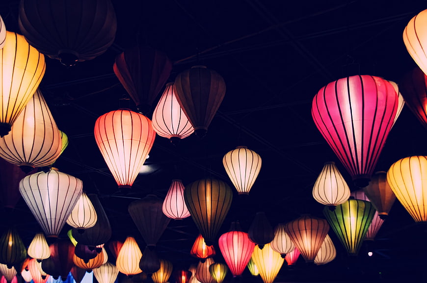 Colorful Chinese Lanterns Hanging Against Dark Night Sky